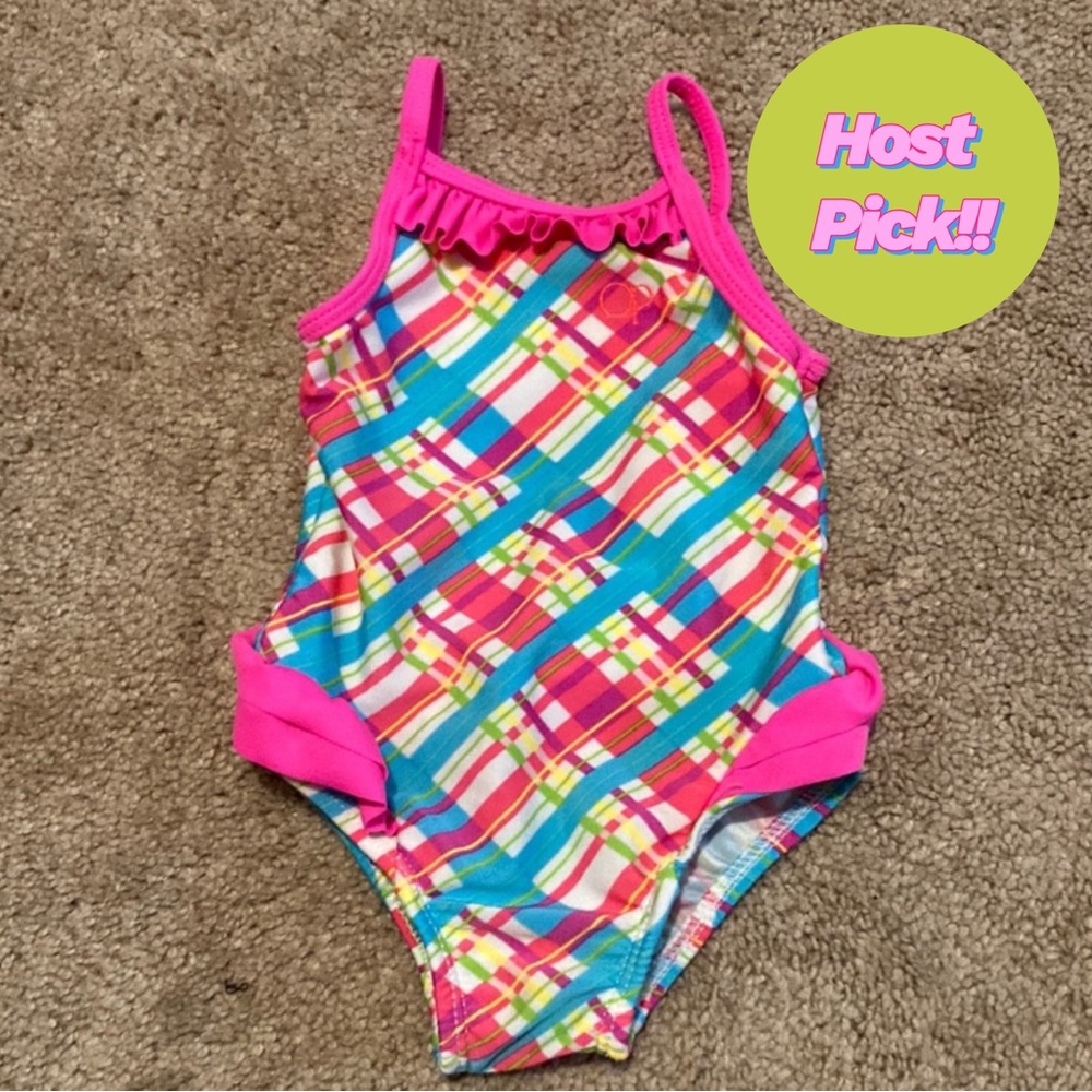 HP! OP Ocean Pacific Girls Plaid Pink Blue Yellow Bathing Suit Size 12 Months